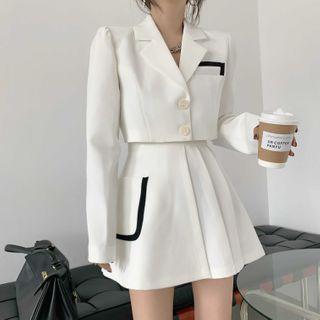 Set : Plain Long-sleeve Blazer + High Waist Pleated Skirt