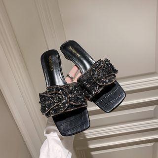 Rhinestone Bow Square-toe Block Heel Slide Sandals