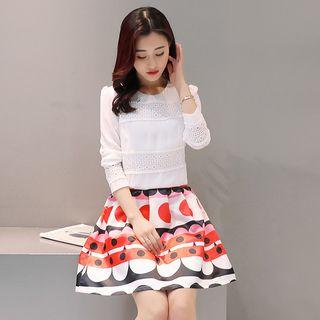 Set : Long-sleeve Lace Top + Print Skirt