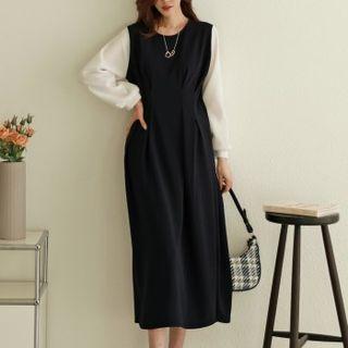 Contrast-sleeve Pleated-waist Midi Dress