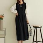 Contrast-sleeve Pleated-waist Midi Dress