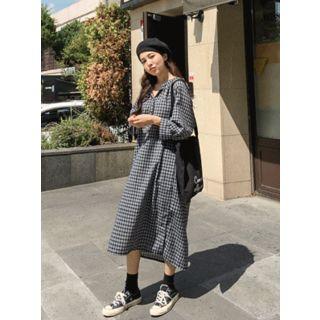 Balloon-sleeve Plaid Long Dress With Sash