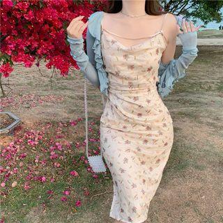 Spaghetti Strap Floral Print Midi Dress / Ruffled Cardigan