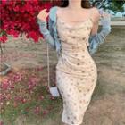 Spaghetti Strap Floral Print Midi Dress / Ruffled Cardigan