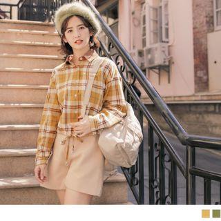 Drawstring Hem Plaid Cropped Shirt
