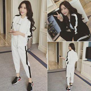 Contrast Trim Zip Jacket / Sweatpants / Long-sleeve Dog Print Top / Set