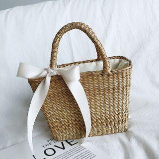 Ribbon Woven Tote Bag With Ribbon - Khaki - One Size