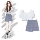 Square-neck Plain Bow Cropped Blouse / High-waist Plaid A-line Mini Skirt