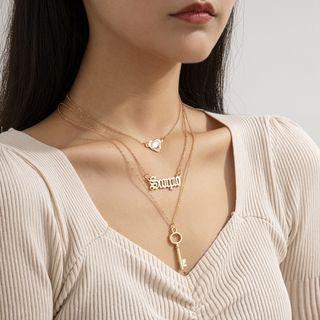 Heart Lettering & Key Pendant Layered Alloy Necklace