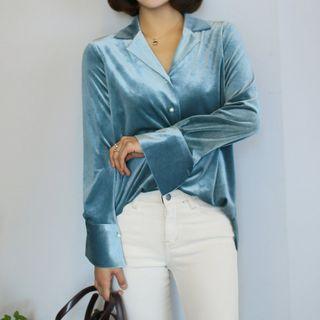 Notched-collar Wide-cuff Velvet Shirt