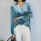 Notched-collar Wide-cuff Velvet Shirt