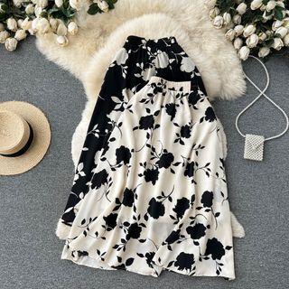 High-waist Flower Print A-line Maxi Skirt