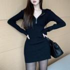 Long-sleeve Hooded Half-zip Knit Mini Sheath Dress