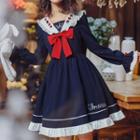 Sailor-collar Ruffle-hem Bow-detail Dress
