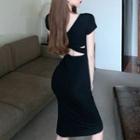 Cap-sleeve Open-back Sheath Dress Black - One Size