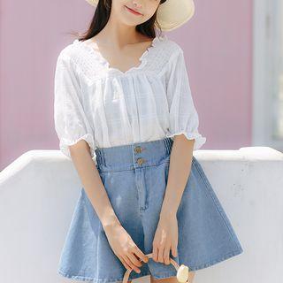 Ruffle Trim Elbow-sleeve Top / Denim Shorts
