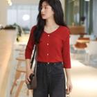 3/4-sleeve Wide Collar Buttoned Knit Top