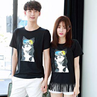 Couple Matching Cat Print Short-sleeve T-shirt / Fringed T-shirt Dress