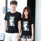 Couple Matching Cat Print Short-sleeve T-shirt / Fringed T-shirt Dress