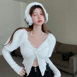 Long-sleeve Fluffy Trim Top White - One Size