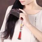Tassel Wooden Hair Comb Dark Red - One Size