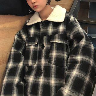 Fleece Collar Plaid Button Jacket Navy Blue - One Size