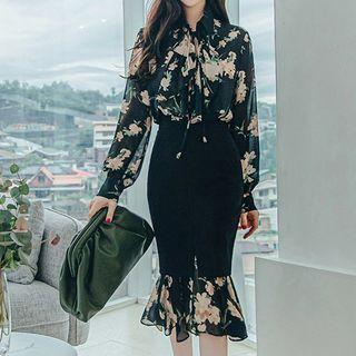 Set: Long-sleeve Floral Print Blouse + Midi Mermaid Skirt