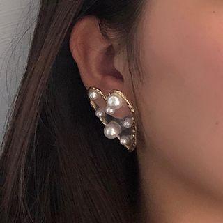Faux Pearl Heart Earring 1 Pair - K96 - Gold Trim - White - One Size