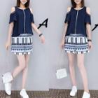 Set: Short-sleeve Shoulder Cut Out Top + Printed Shorts