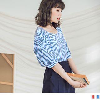 Drawtring Hem Striped Buttoned Top