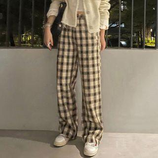 Plaid Straight Leg Pants Coffee - One Size
