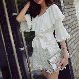 Ruffle Lace Trim Crochet Playsuit