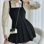 Mock Two-piece Long-sleeve Pleated Mini A-line Dress