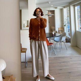 Button-trim Wide-leg Knit Pants