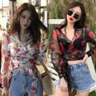 Tie-waist Flower Cropped Chiffon Top