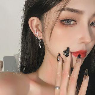Set: Rhinestone Lightning Ear Stud + Drop Earring 1 Pair - Silver - One Size
