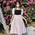 Mock Two-piece Puff-sleeve Floral Print Paneled Dress