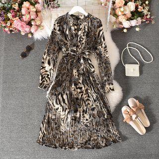Patterned Long-sleeve Midi A-line Dress Light Brown - One Size