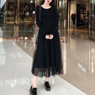 Long-sleeve Mesh Paneled A-line Midi Dress