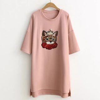 Cat Embroidered Elbow Sleeve Tunic