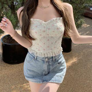 Strapless Floral Print Top White - One Size