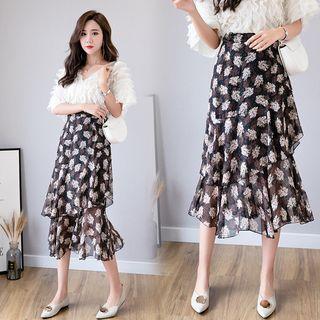 Floral Layer Pleated Chiffon Midi Skirt