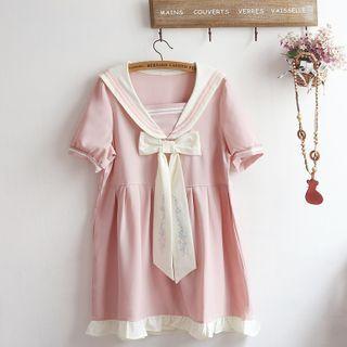 Short-sleeve Embroidered Sailor Collar A-line Dress Pink - One Size
