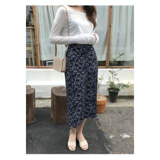 Slit-side Floral Print Long Skirt