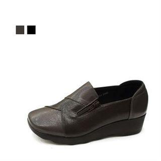 Genuine Leather Zip-trim Wedge-hell Pumps