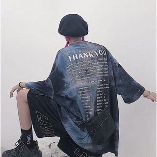 Lettering Dye Print 3/4-sleeve T-shirt Blue - One Size