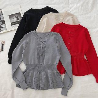 Plain Single-breasted Ruffled-trim Knit Top