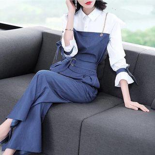 Set: Long-sleeve Shirt + Wide Leg Jumpsuit