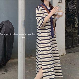 Elbow-sleeve Striped Midi A-line T-shirt Dress Sapphire Blue - One Size