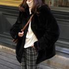 Collared Buttoned Furry Jacket Black - One Size